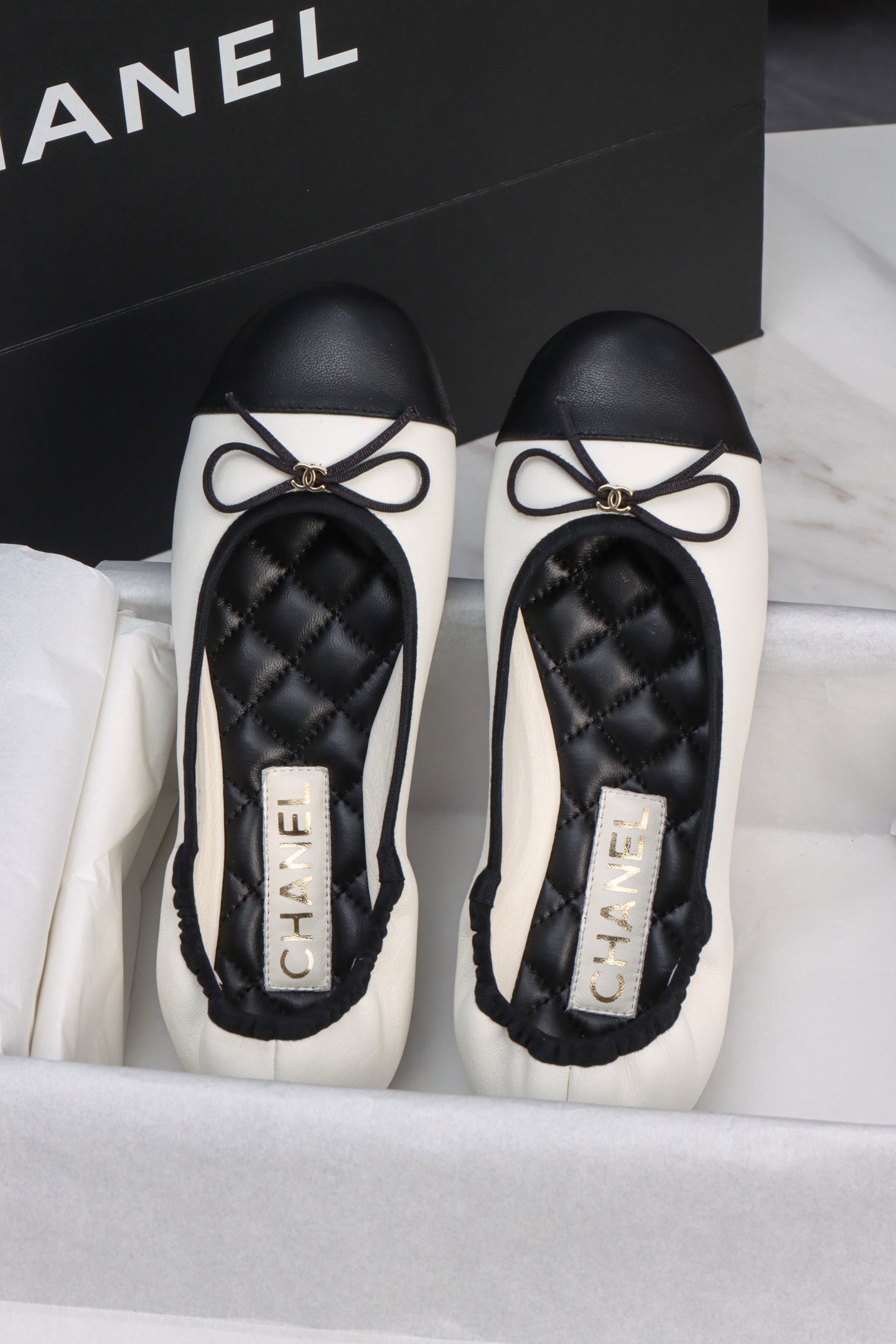CC 26s Elasticated Ballerinas Black White Leather 964703