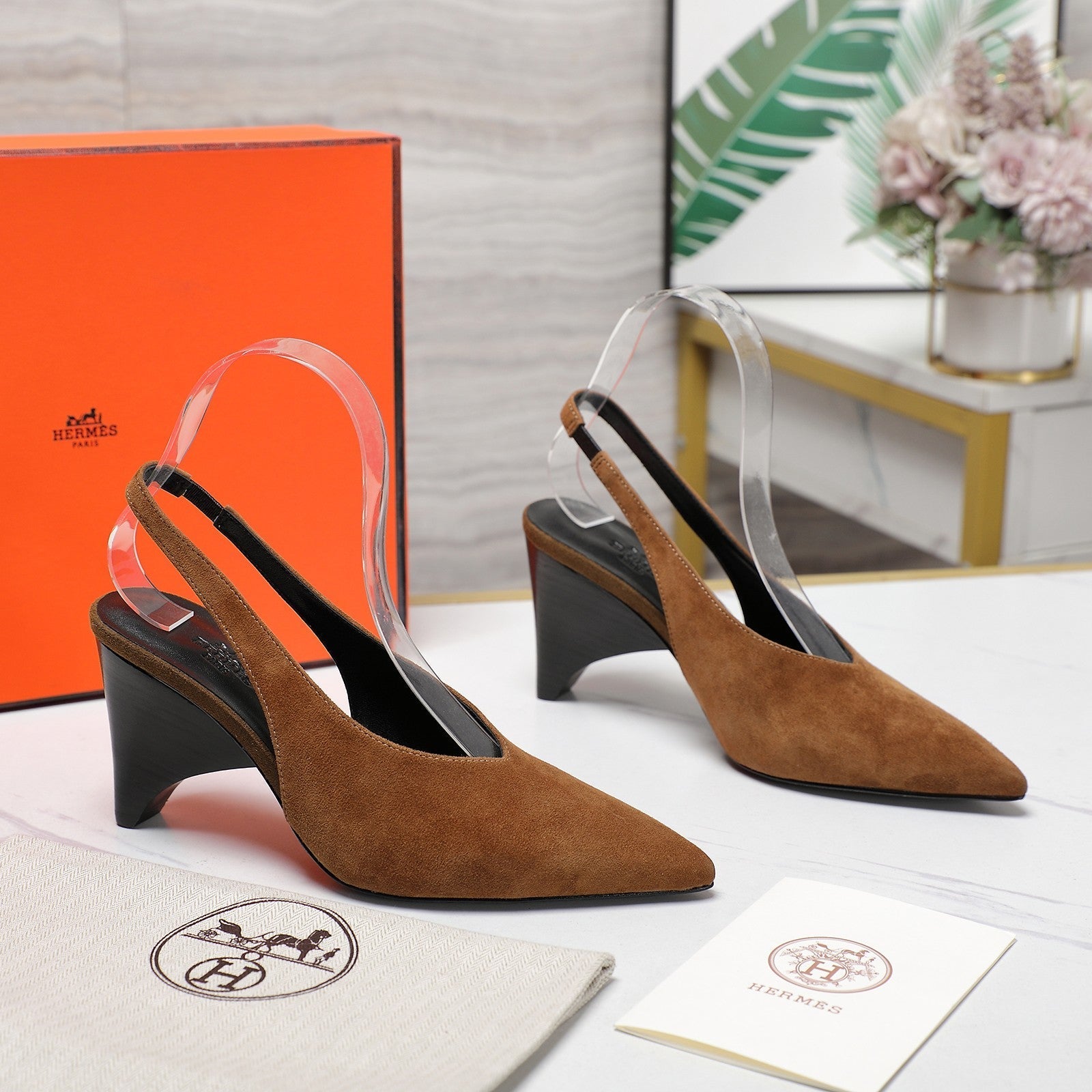 HM  Classic High-Heeled Slingback 70mm Brown Suede Sheepskin 547642