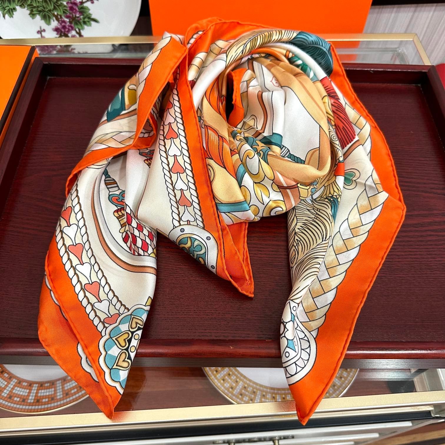 Carré Harnais De Cœur Scarf 90 CM In Orange Colorful Silk 306470