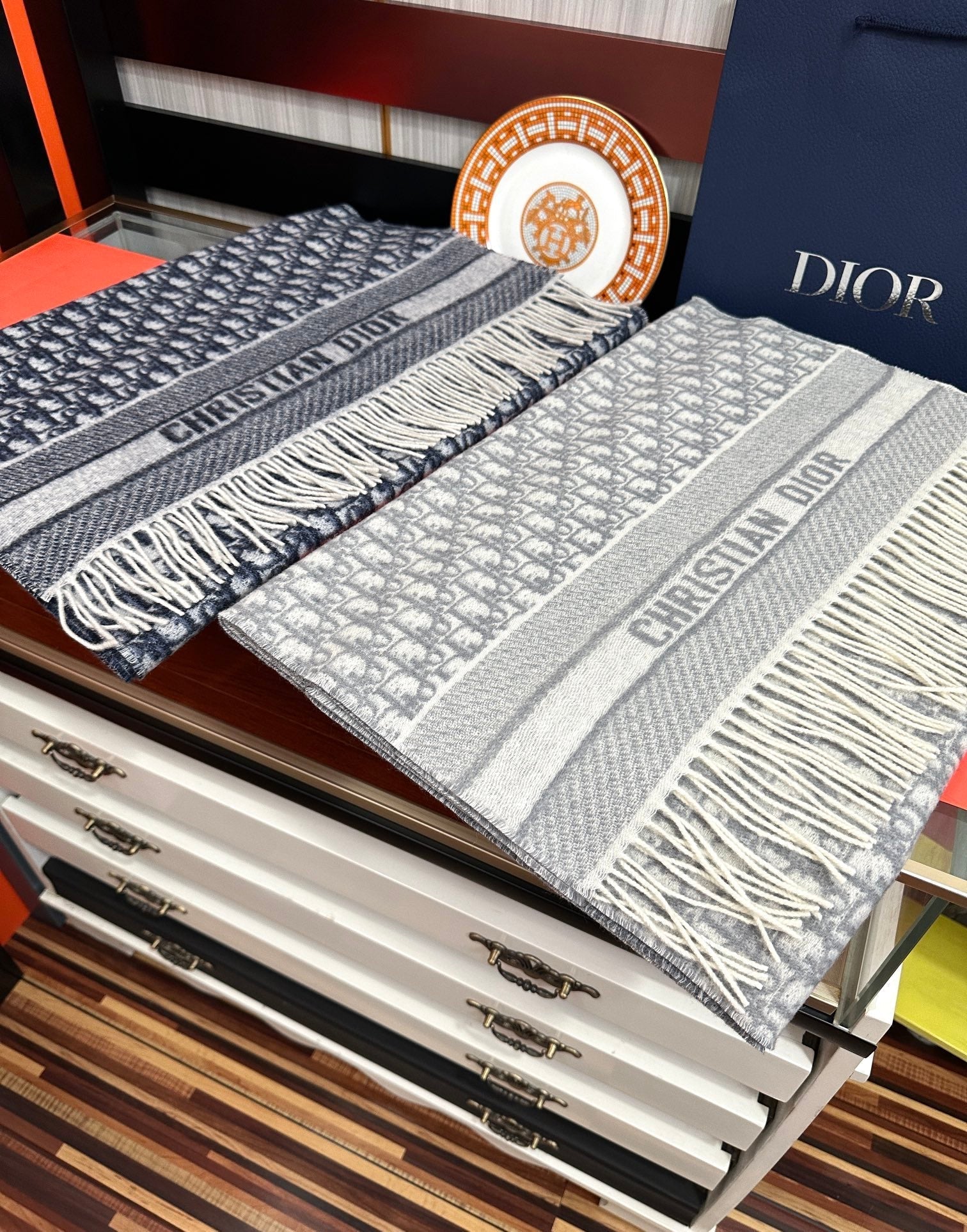 OBLIQUE 190 CM SCARF IN DARK BLUE MIX WHITE TECHNICAL CASHMERE 415486
