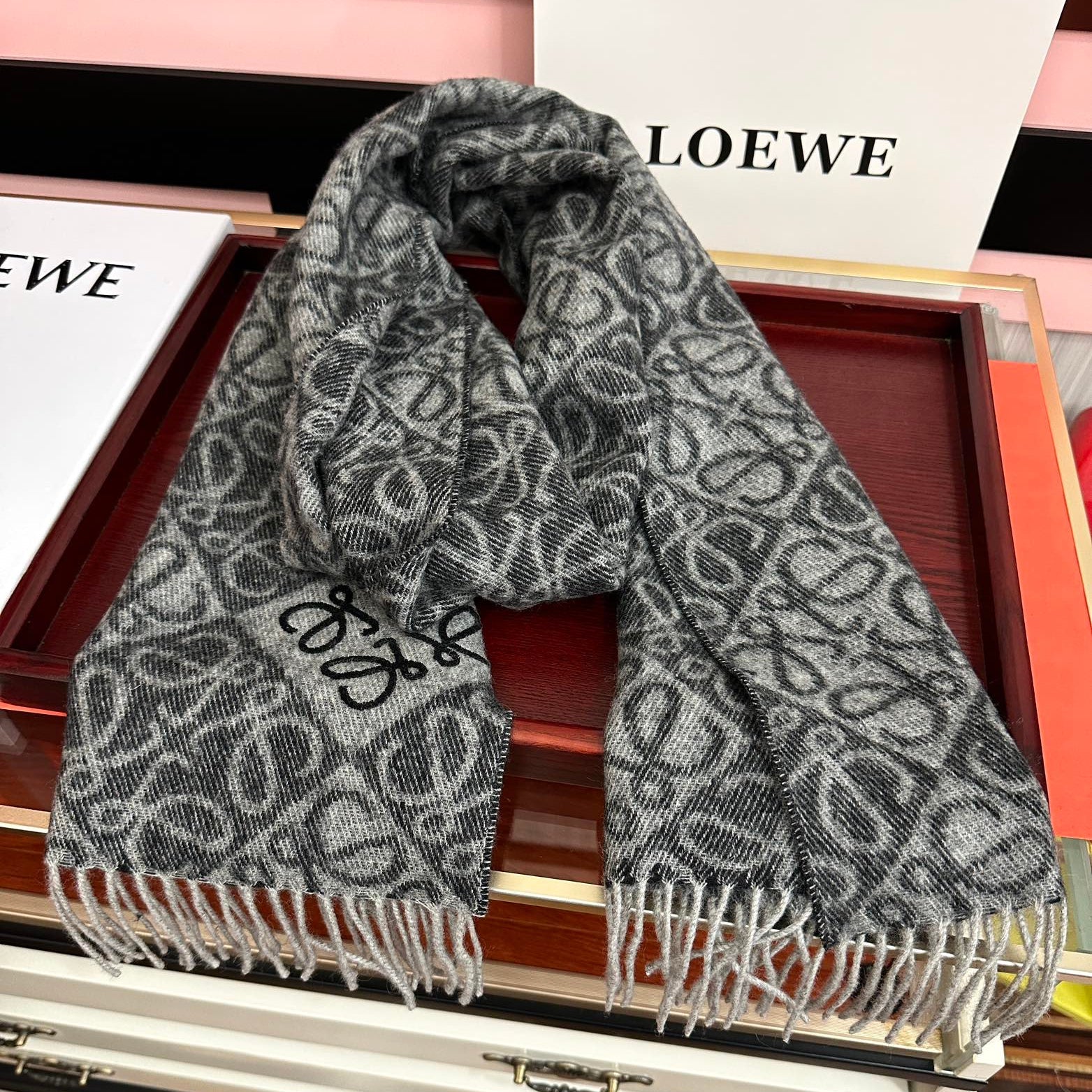 Loewe Anagram Scarf 180CM Dark Grey Cashmere 153105