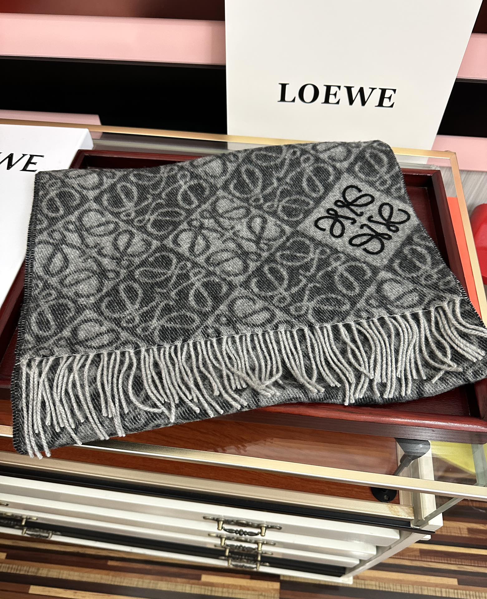Loewe Anagram Scarf 180CM Dark Grey Cashmere 153105