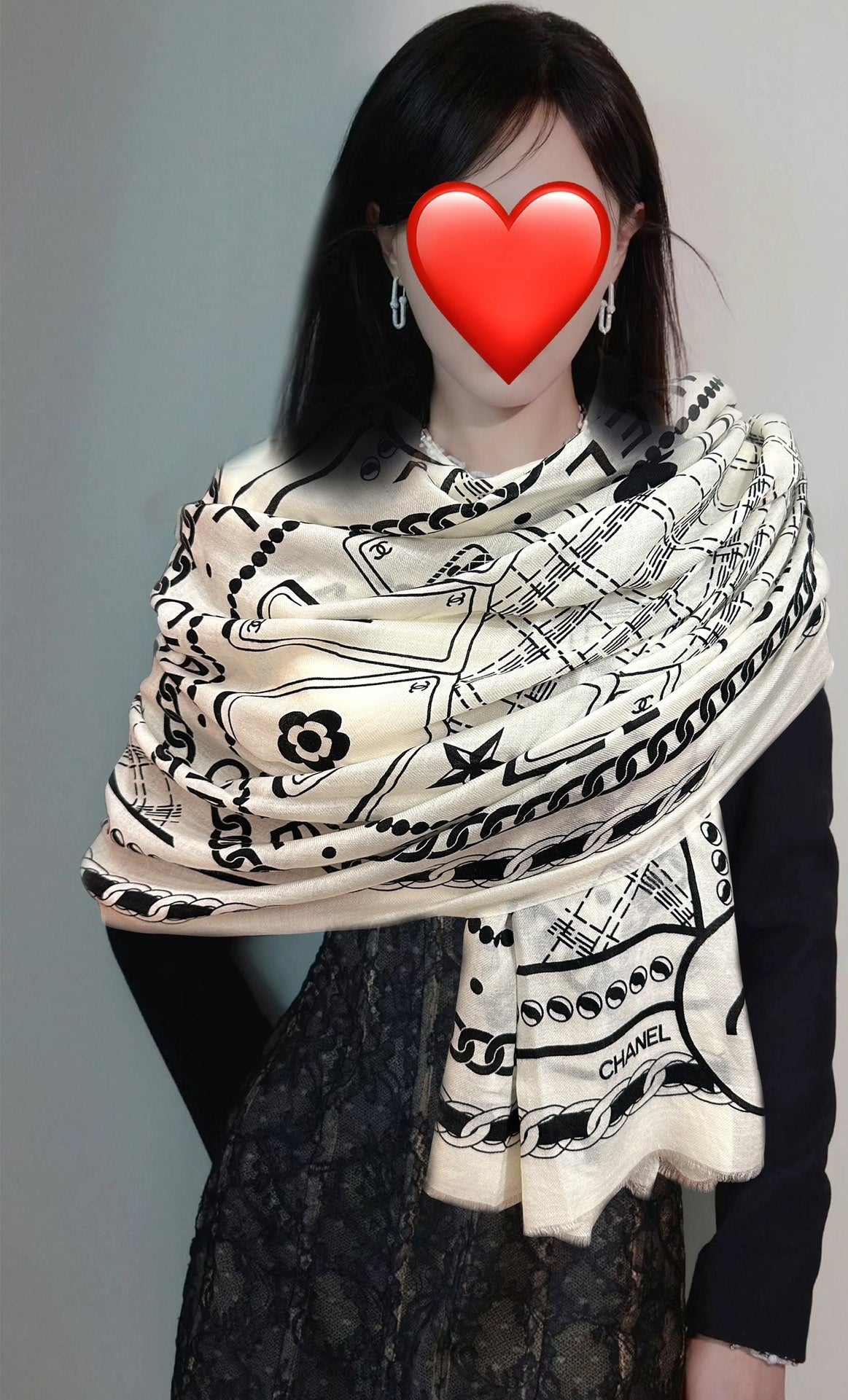 CC Camellia Letter Print 200cm White Black Cashmere 153113