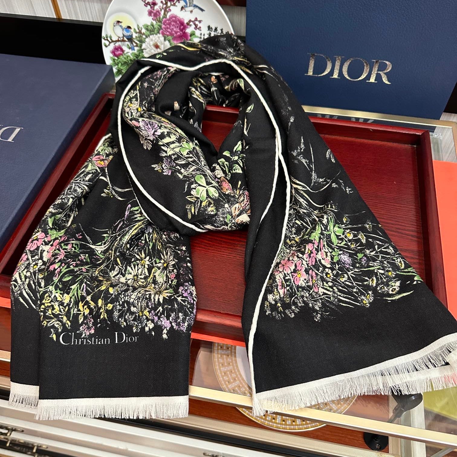 CD Double-Sided Scarf 185cm Black Multicolor Cashmere 153118