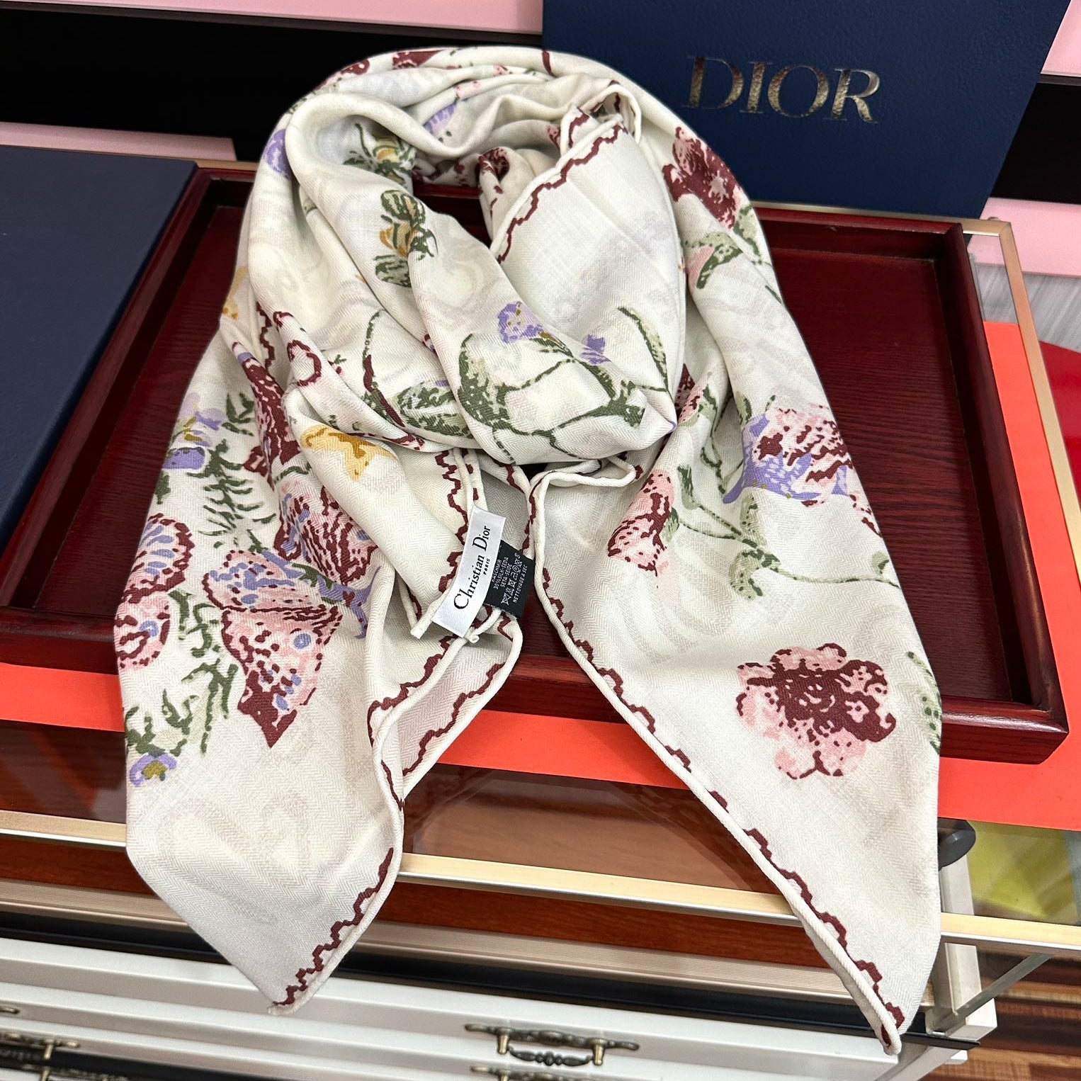 CD Double-Sided Scarf 140cm Ivory Multicolor Cashmere Silk 153132