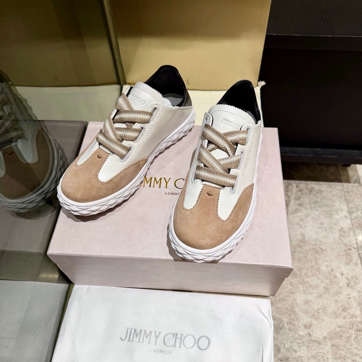Jimmy Diamond Light Flex Sneaker White Taupe Suede Leather 715047
