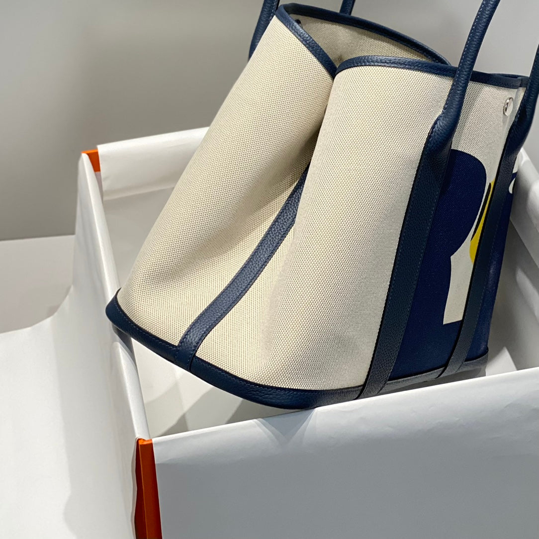 HM Garden Party 36 Beige mix Navy Blue Canvas and Negonda Calfskin 243391