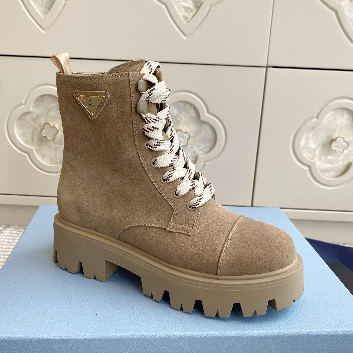 Prada 26s Combat Boots Full Khaki Suede 957393