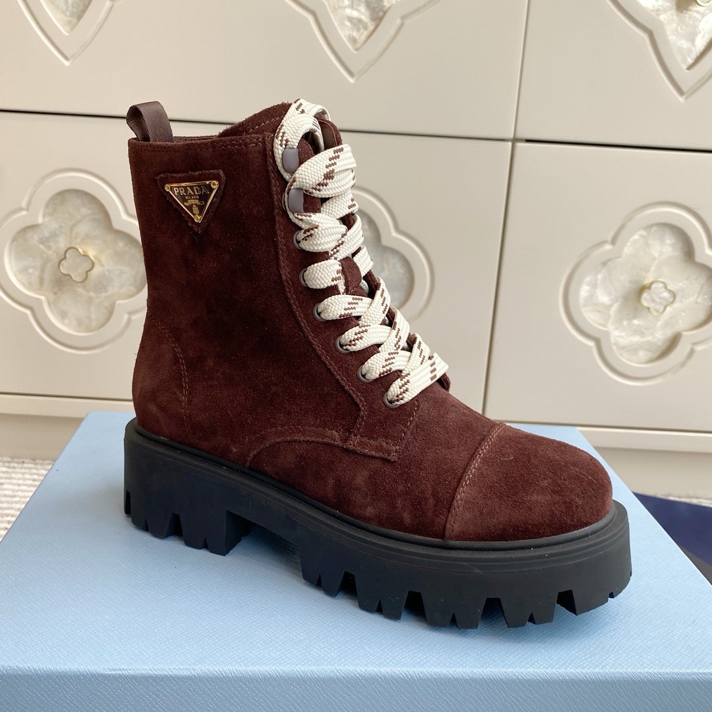 Prada 26s Combat Boots Full Chocolate Suede 957395