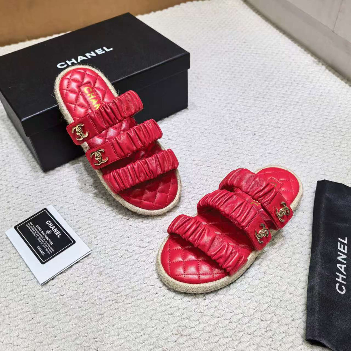 CC 26B Ruched Straps Espadrille Sandals 2cm Red Lambskin 122403