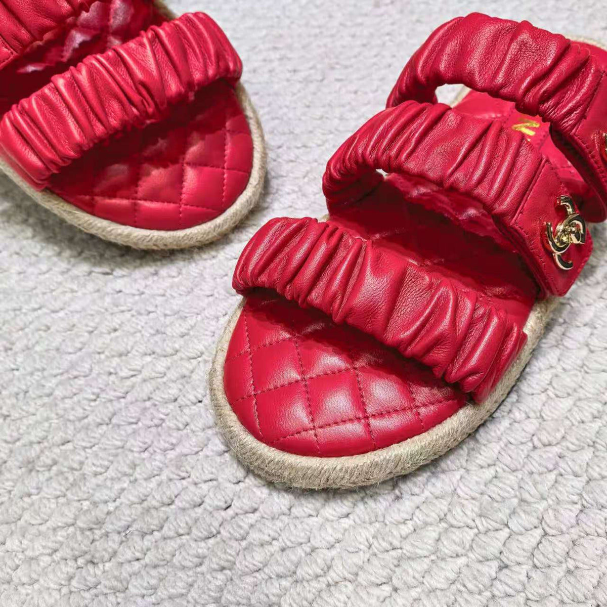 CC 26B Ruched Straps Espadrille Sandals 2cm Red Lambskin 122403