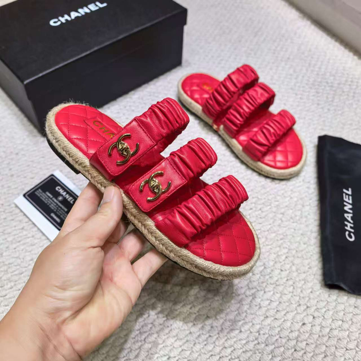CC 26B Ruched Straps Espadrille Sandals 2cm Red Lambskin 122403