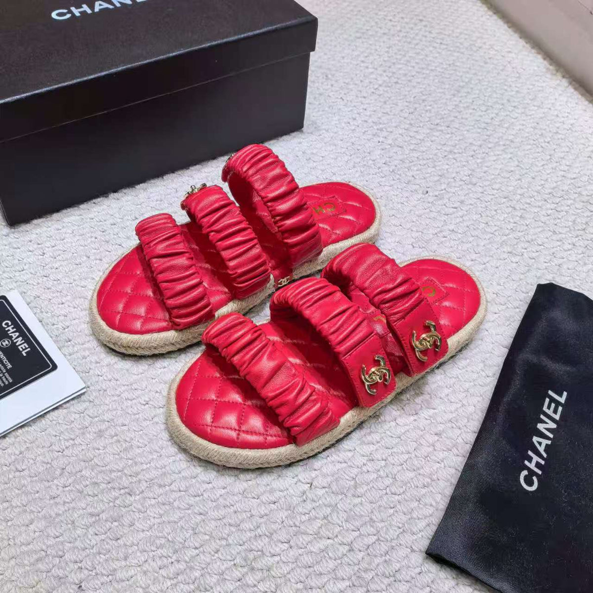 CC 26B Ruched Straps Espadrille Sandals 2cm Red Lambskin 122403