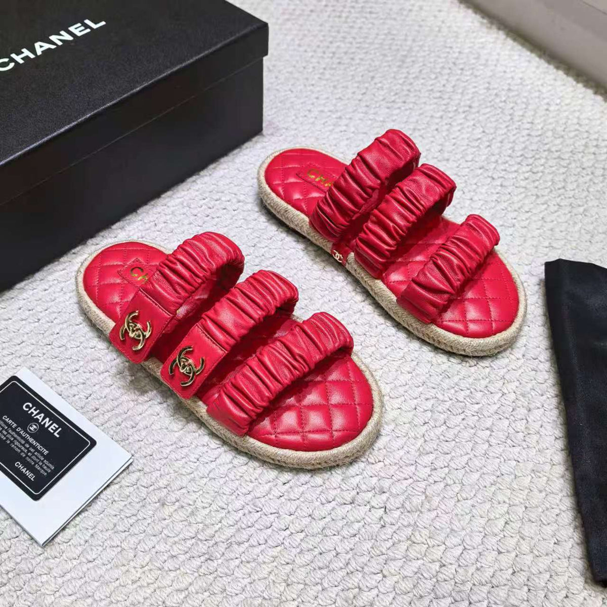 CC 26B Ruched Straps Espadrille Sandals 2cm Red Lambskin 122403