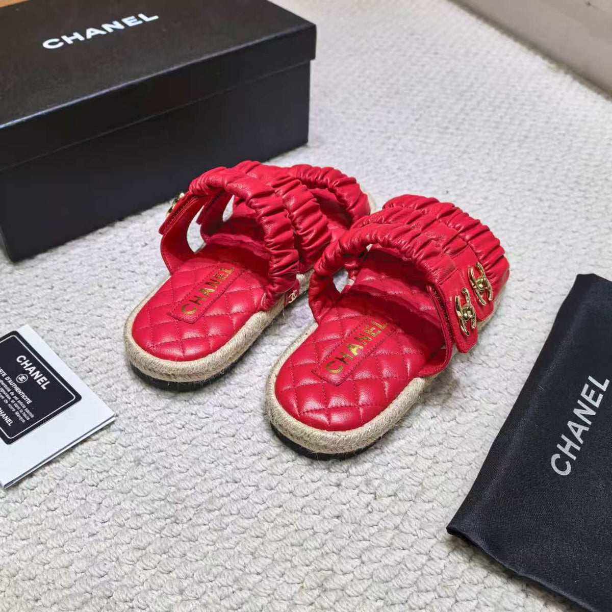CC 26B Ruched Straps Espadrille Sandals 2cm Red Lambskin 122403