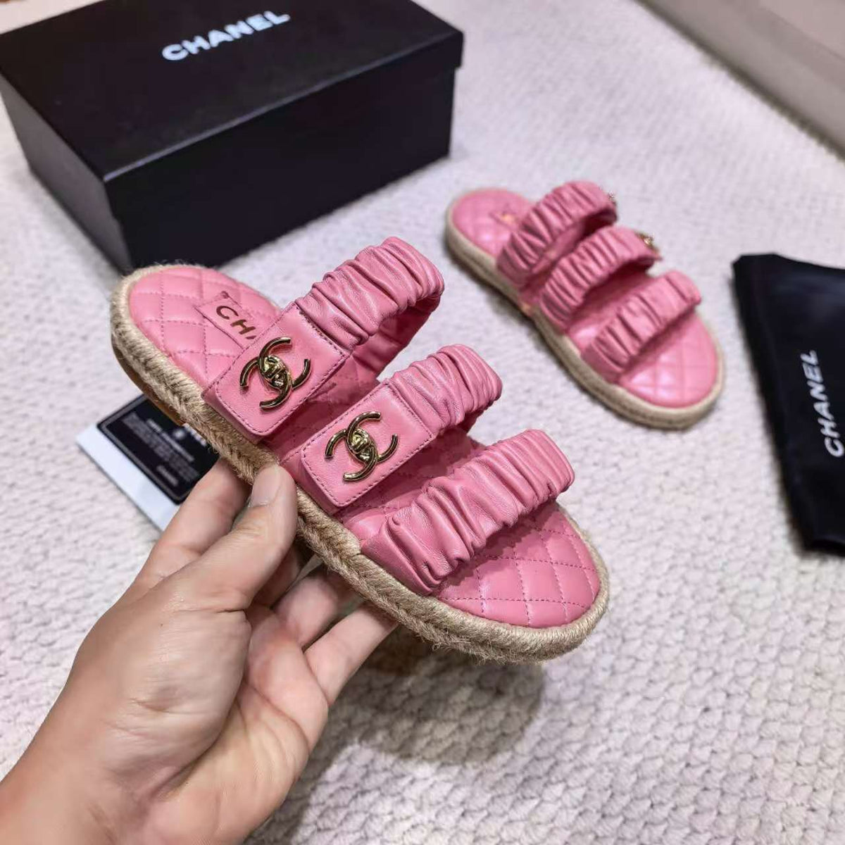 CC 26B Ruched Straps Espadrille Sandals 2cm Pink Lambskin 122404