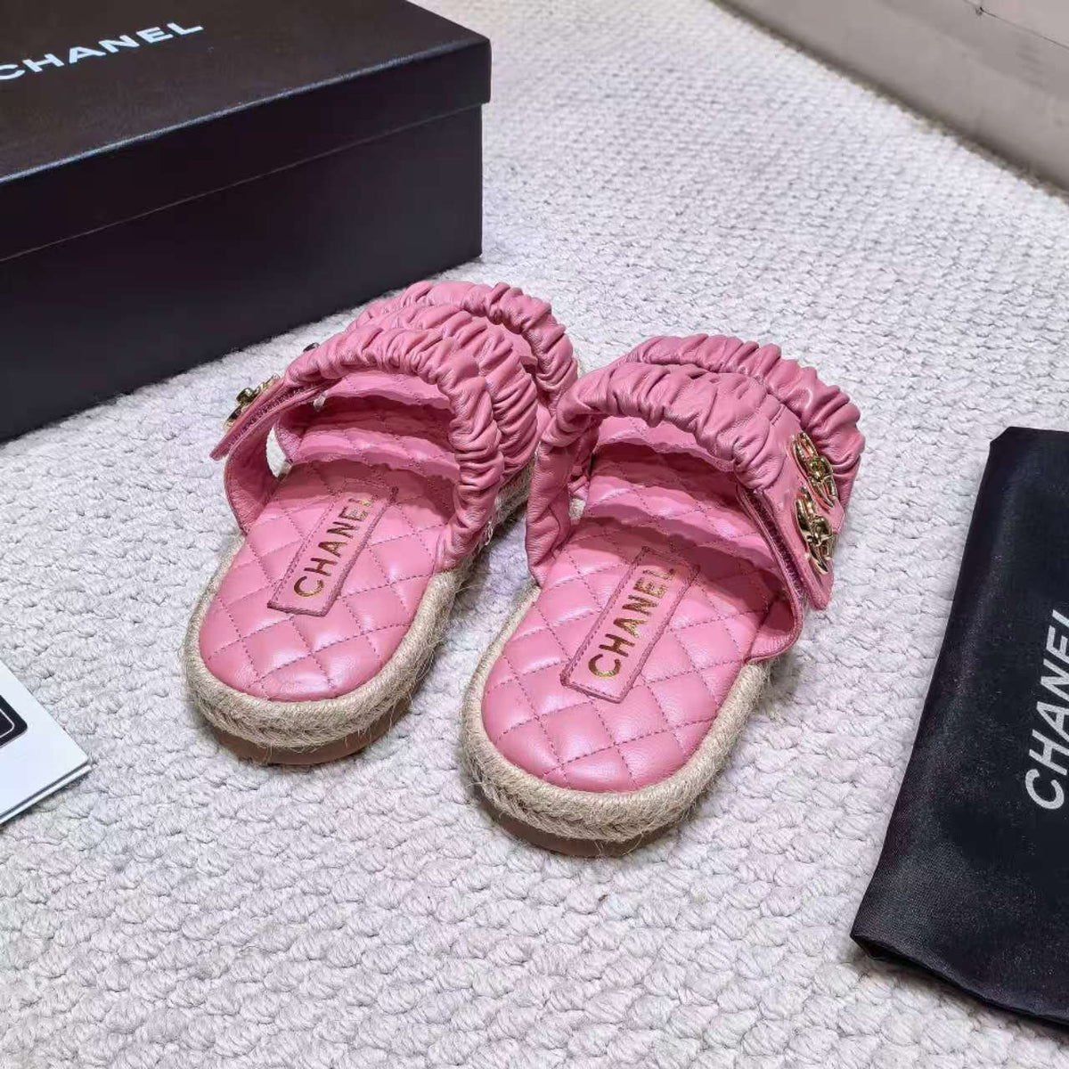 CC 26B Ruched Straps Espadrille Sandals 2cm Pink Lambskin 122404