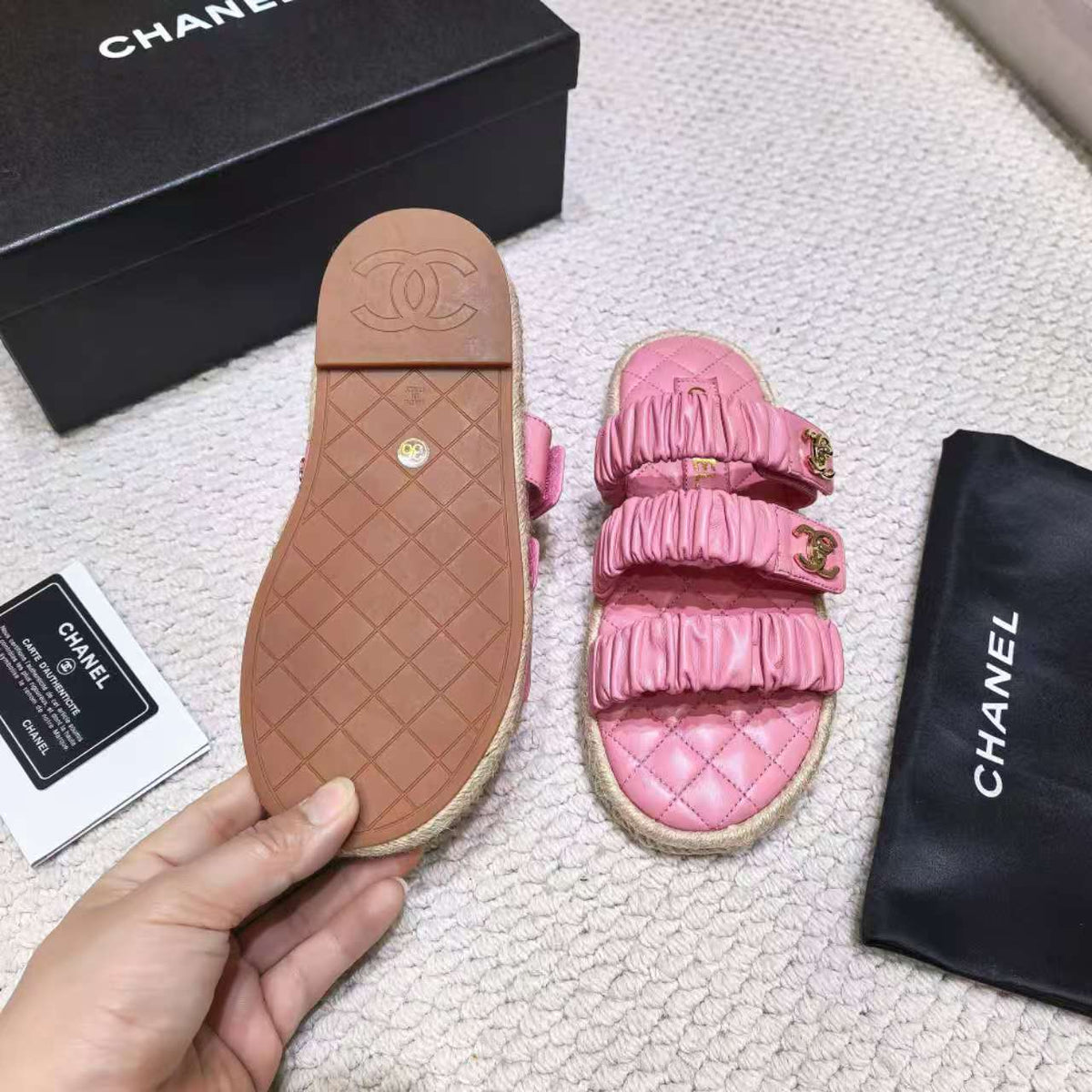 CC 26B Ruched Straps Espadrille Sandals 2cm Pink Lambskin 122404