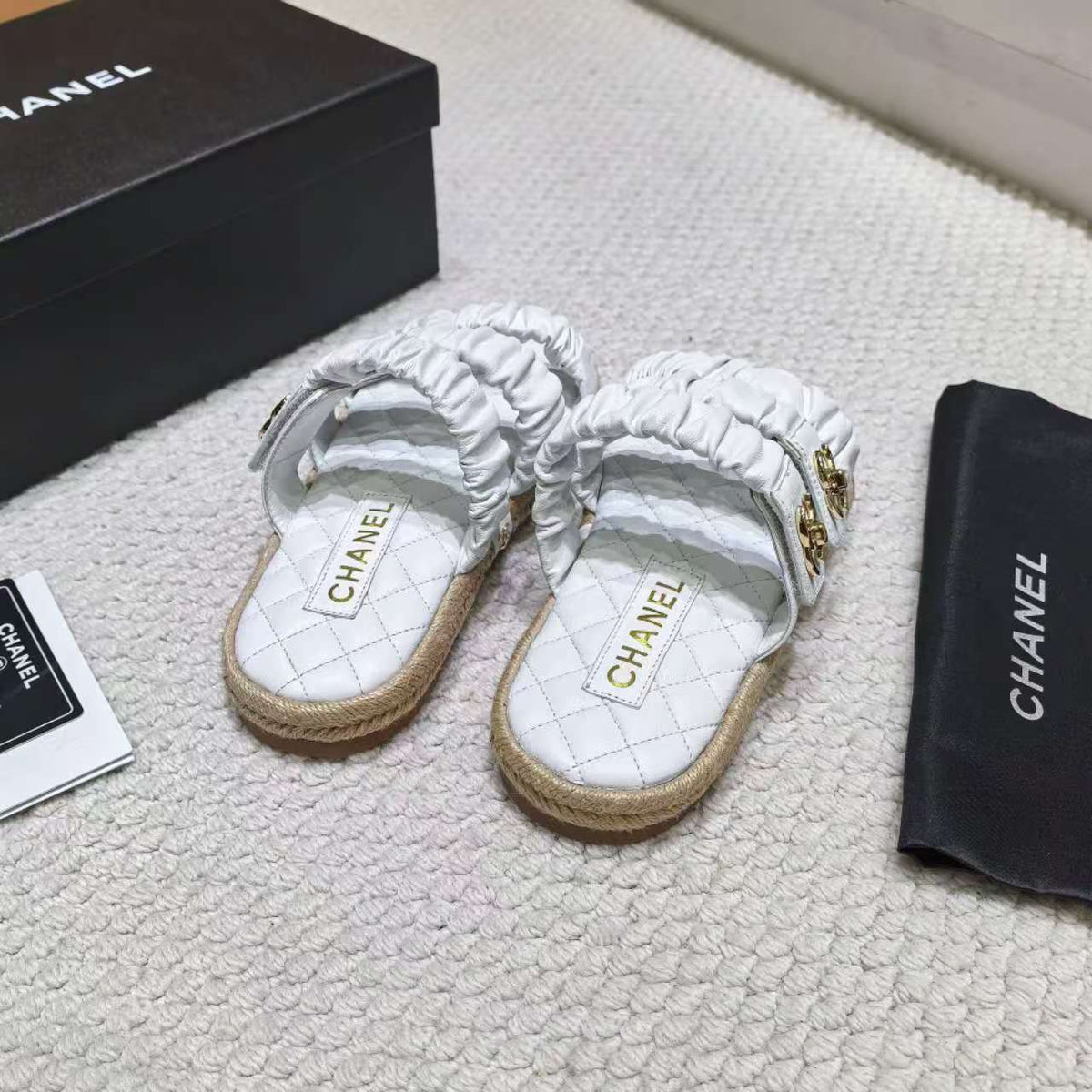 CC 26B Ruched Straps Espadrille Sandals 2cm White Lambskin 122405