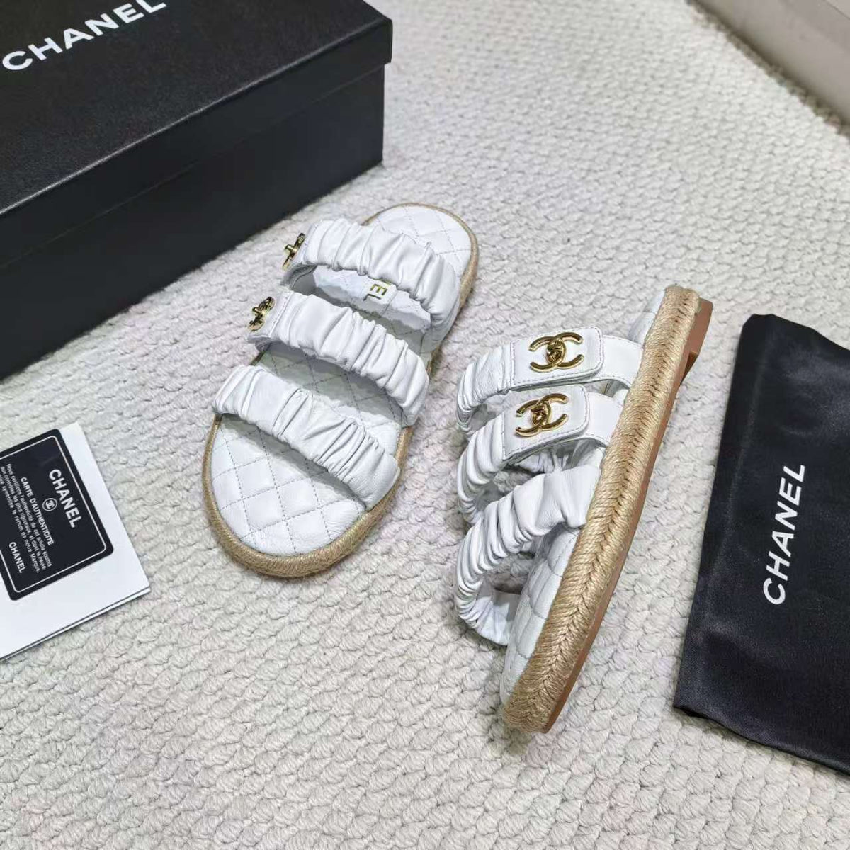 CC 26B Ruched Straps Espadrille Sandals 2cm White Lambskin 122405