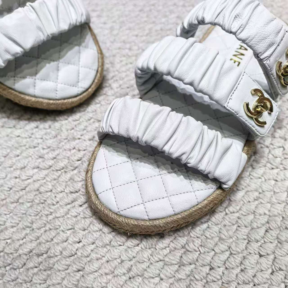 CC 26B Ruched Straps Espadrille Sandals 2cm White Lambskin 122405