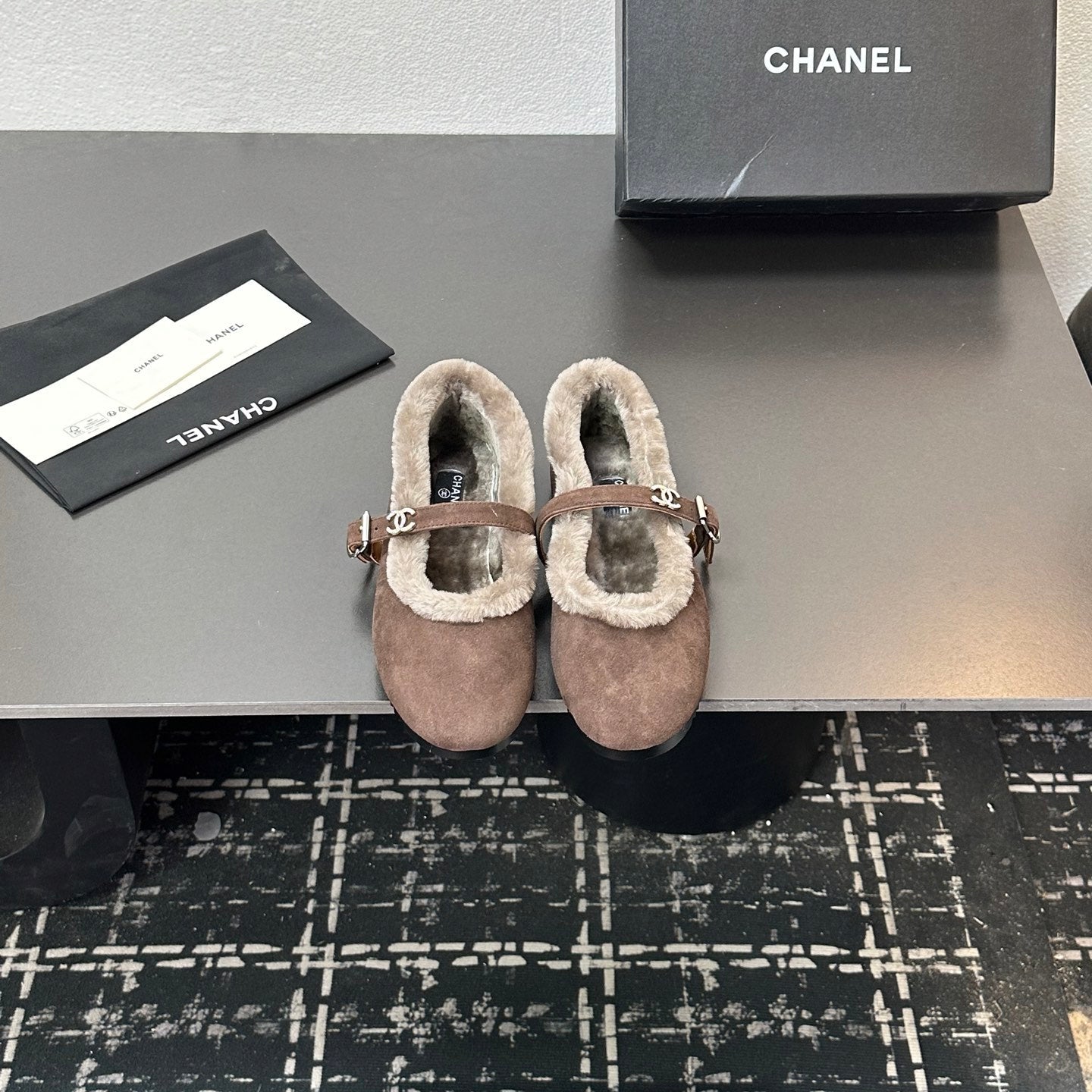 CC 2025 Puffer Ballet Flat With Strap Dark Coffee Sheepskin Fur 529345