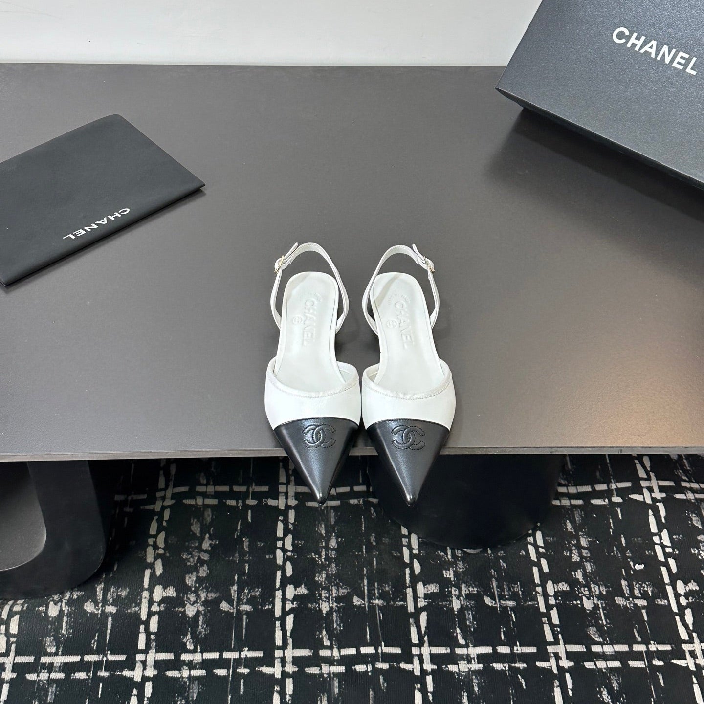 Chanel 26S Pointed-Toe Slingbacks In White And Black Lambskin