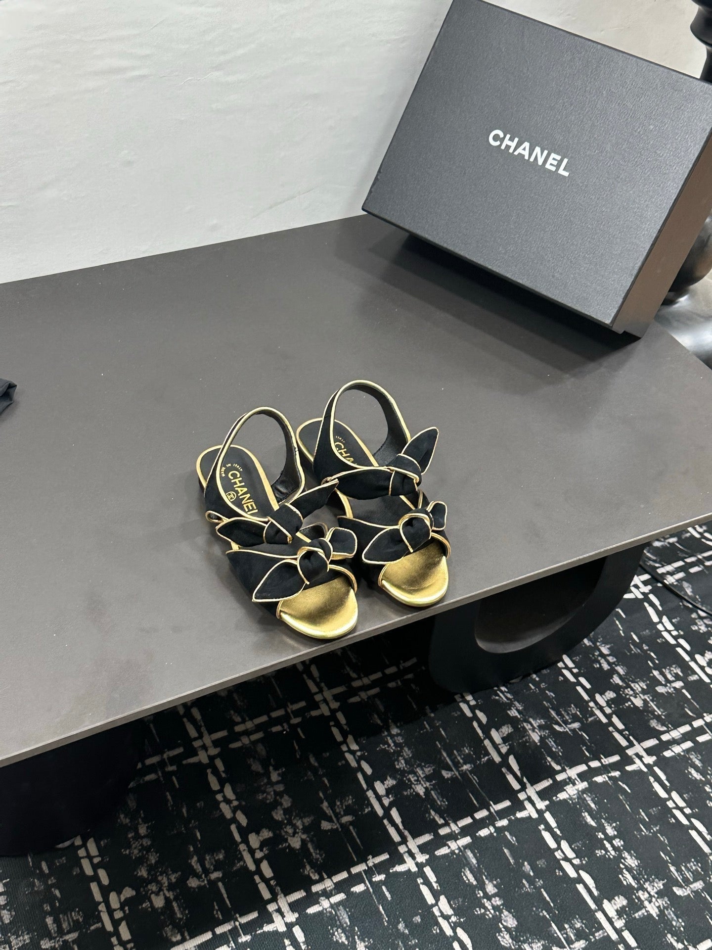 Chanel 26S Bow Sandals In Black Mix Gold Satin