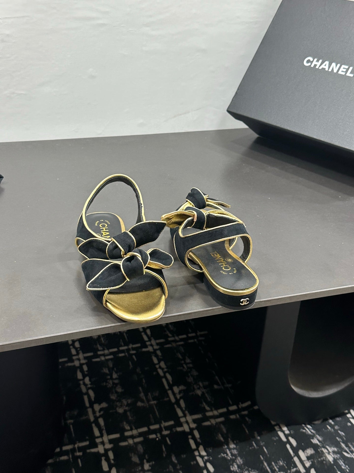 Chanel 26S Bow Sandals In Black Mix Gold Satin