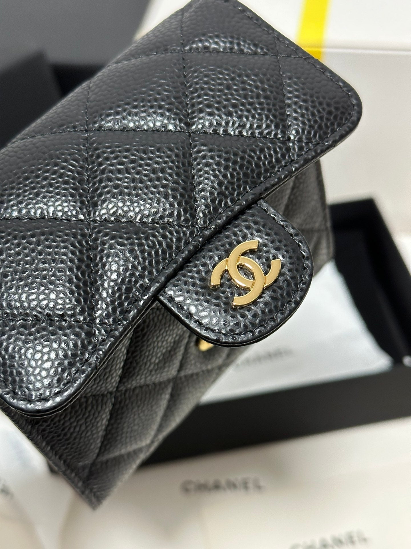 CC CClassic Small Flap Wallet Black Quilted Caviar Gold Buckle 243686