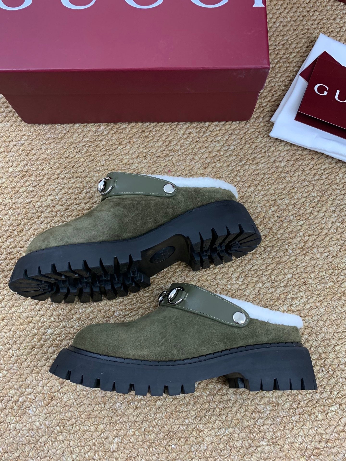 Gucci FW 25 Horsebit Suede Clog Dark Green  Suede with Shearling 506446
