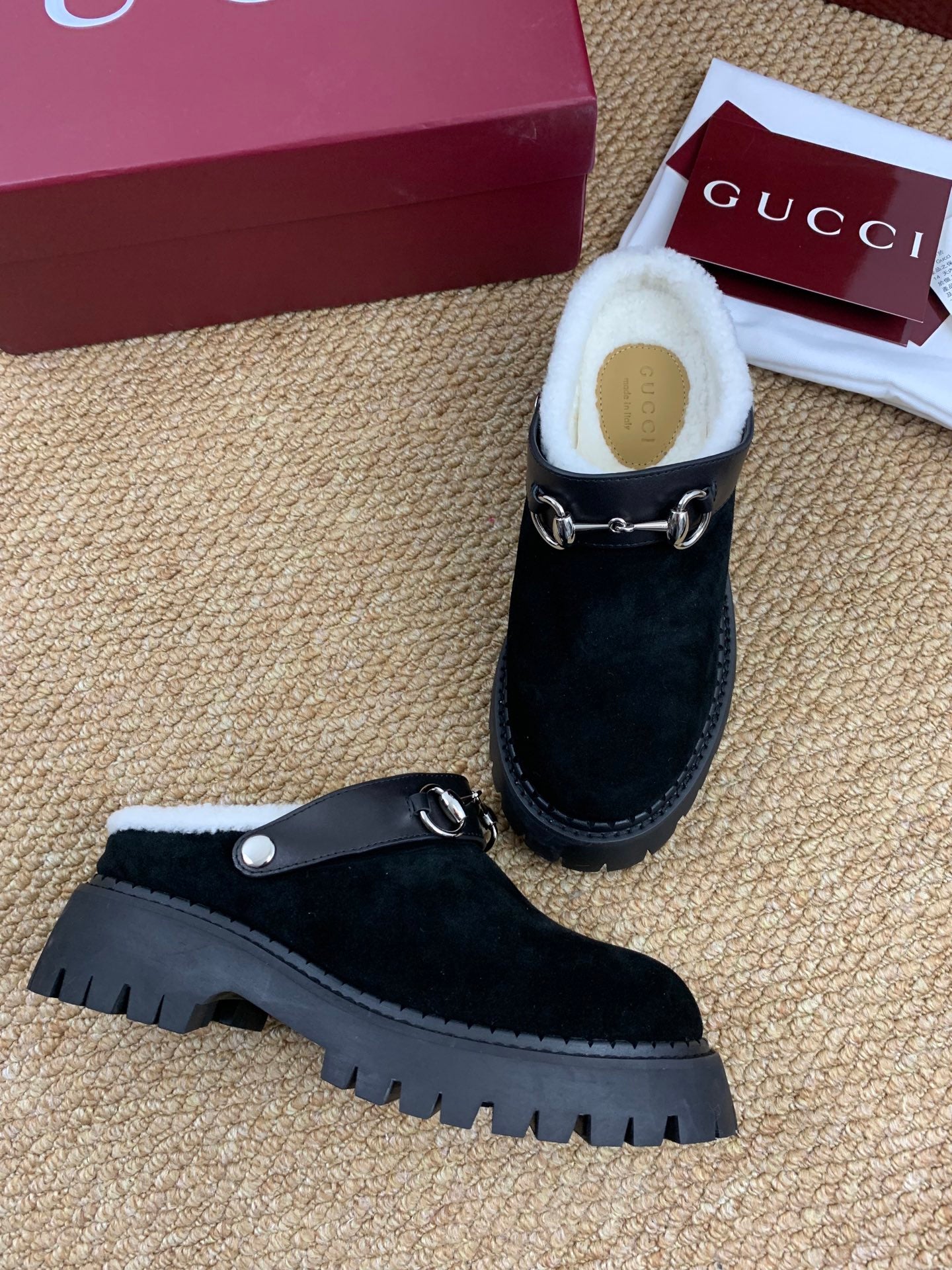 Gucci FW 25 Horsebit Suede Clog  Black Suede with Shearling 506445