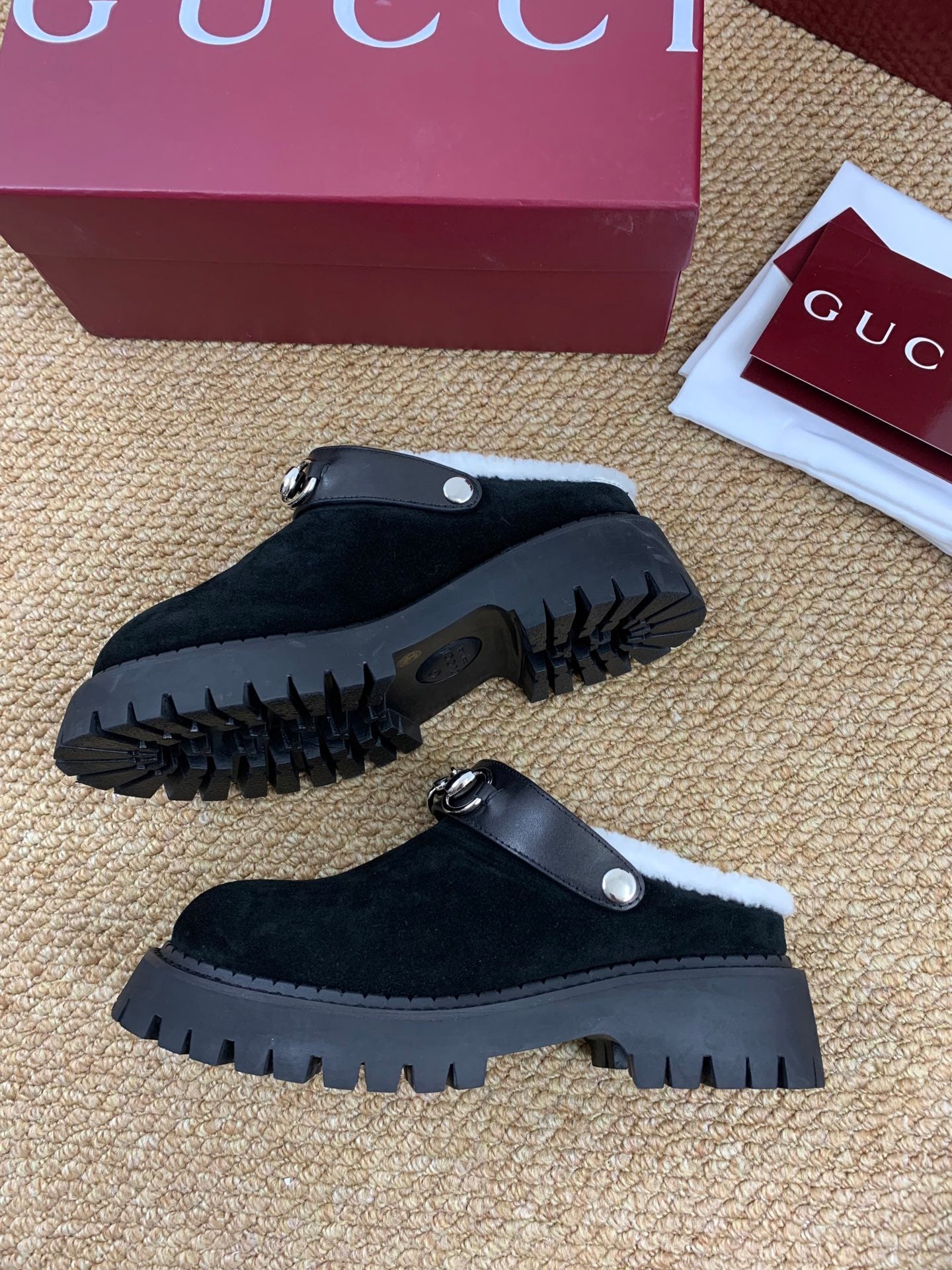 Gucci FW 25 Horsebit Suede Clog  Black Suede with Shearling 506445