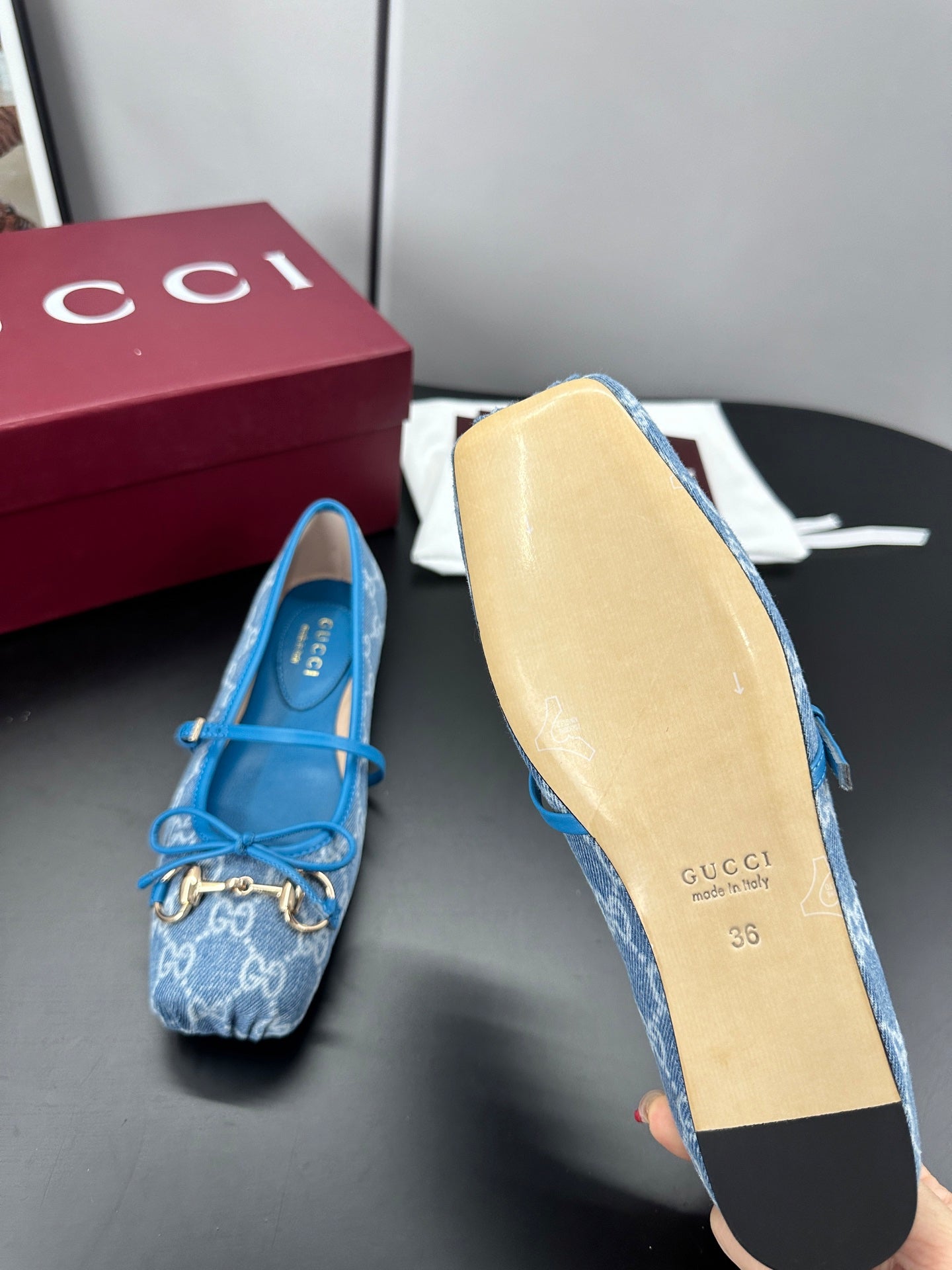 GG 26s Horsebit Ballet Flat Blue Denim Sheepskin 688308