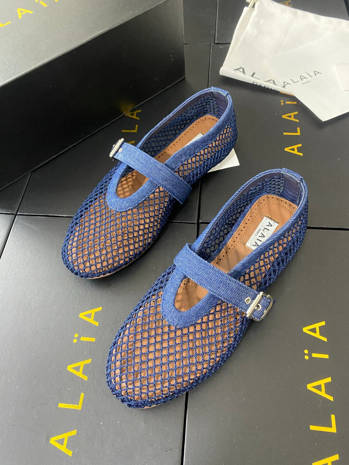 Alaia 26s Mesh Mary Jane Flats 1cm Denim Denim SHW 110719
