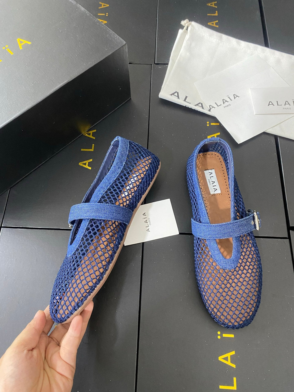 Alaia 26s Mesh Mary Jane Flats 1cm Denim Denim SHW 110719