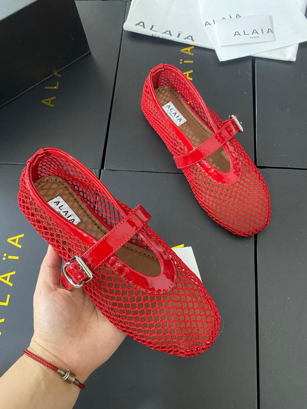 Alaia 26s Mesh Mary Jane Flats 1cm Red Patent Leather SHW 110719