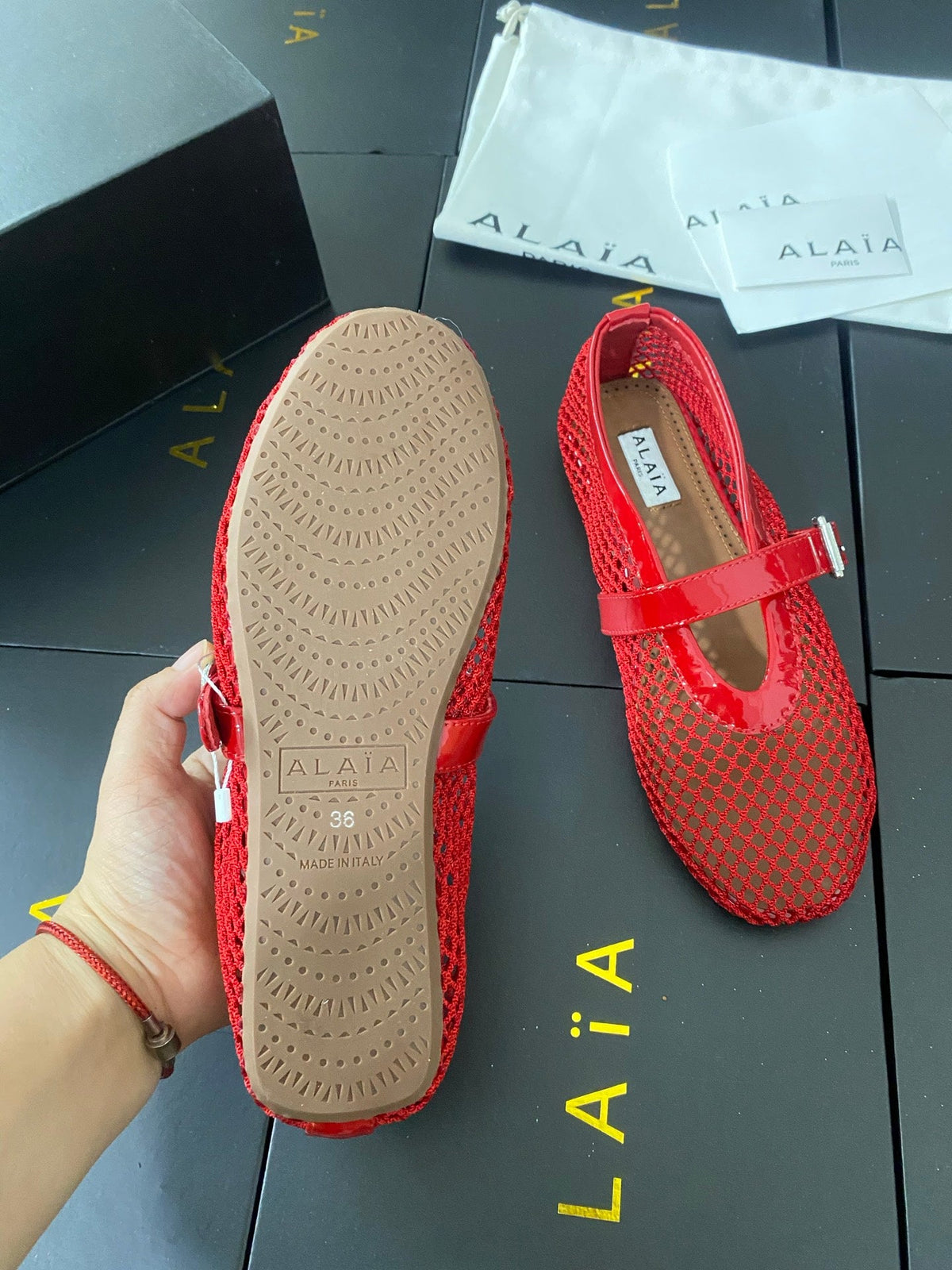 Alaia 26s Mesh Mary Jane Flats 1cm Red Patent Leather SHW 110719