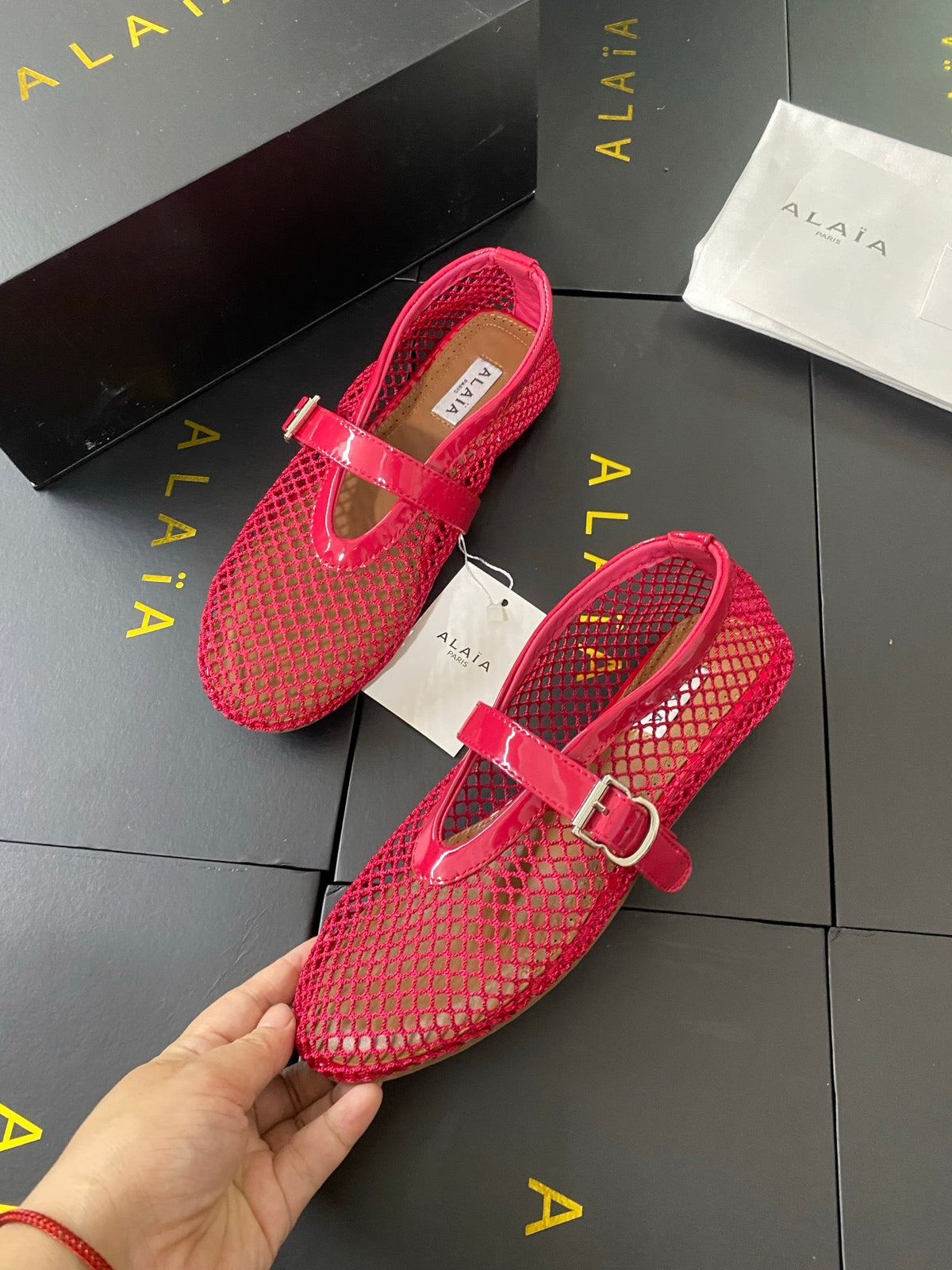 Alaia 26s Mary Jane Pink Fishnet Strass Patent Leather 195000