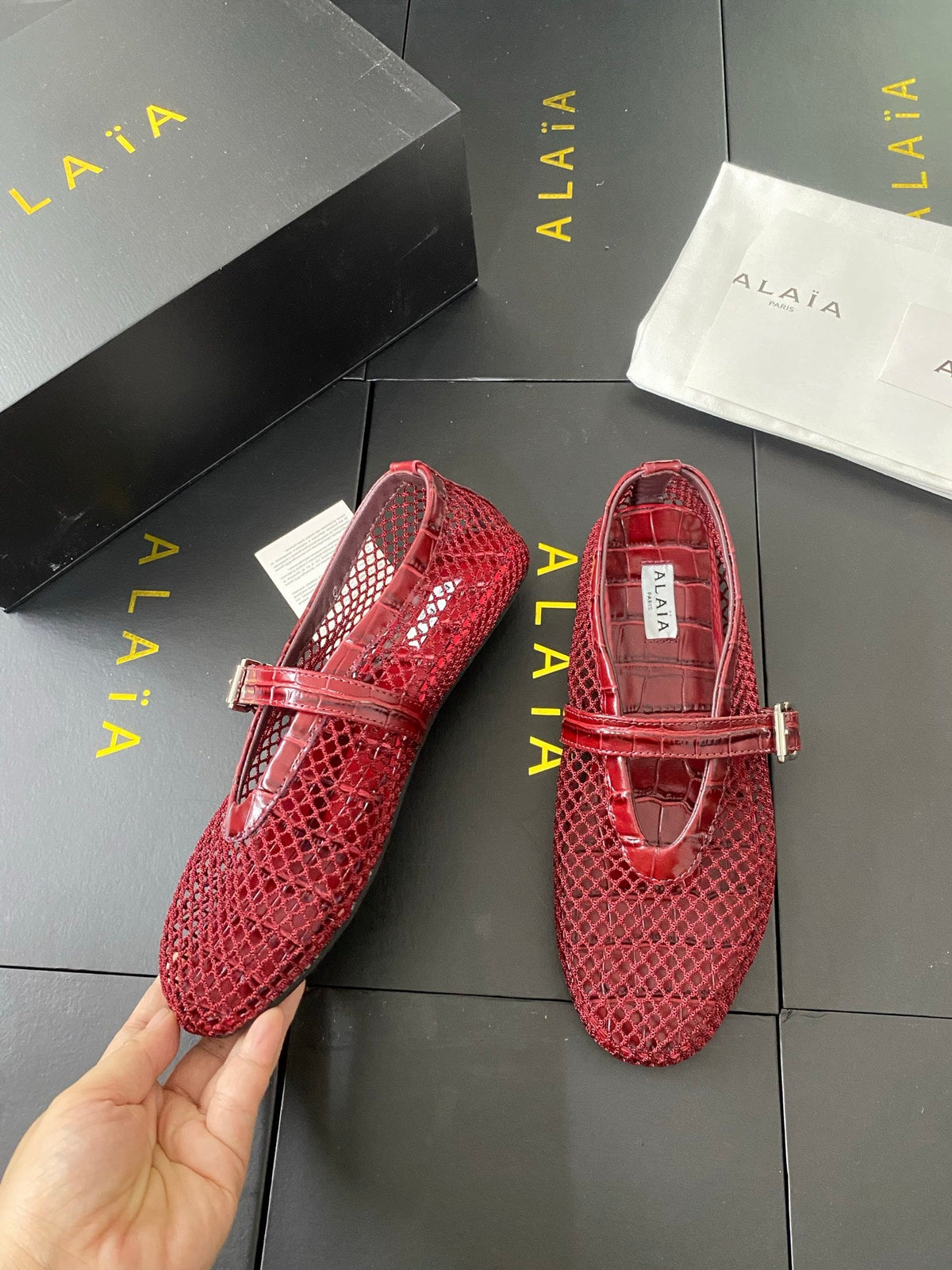 Alaia 26s Mary Jane Red Fishnet Strass Croc-Effect Leather 195002