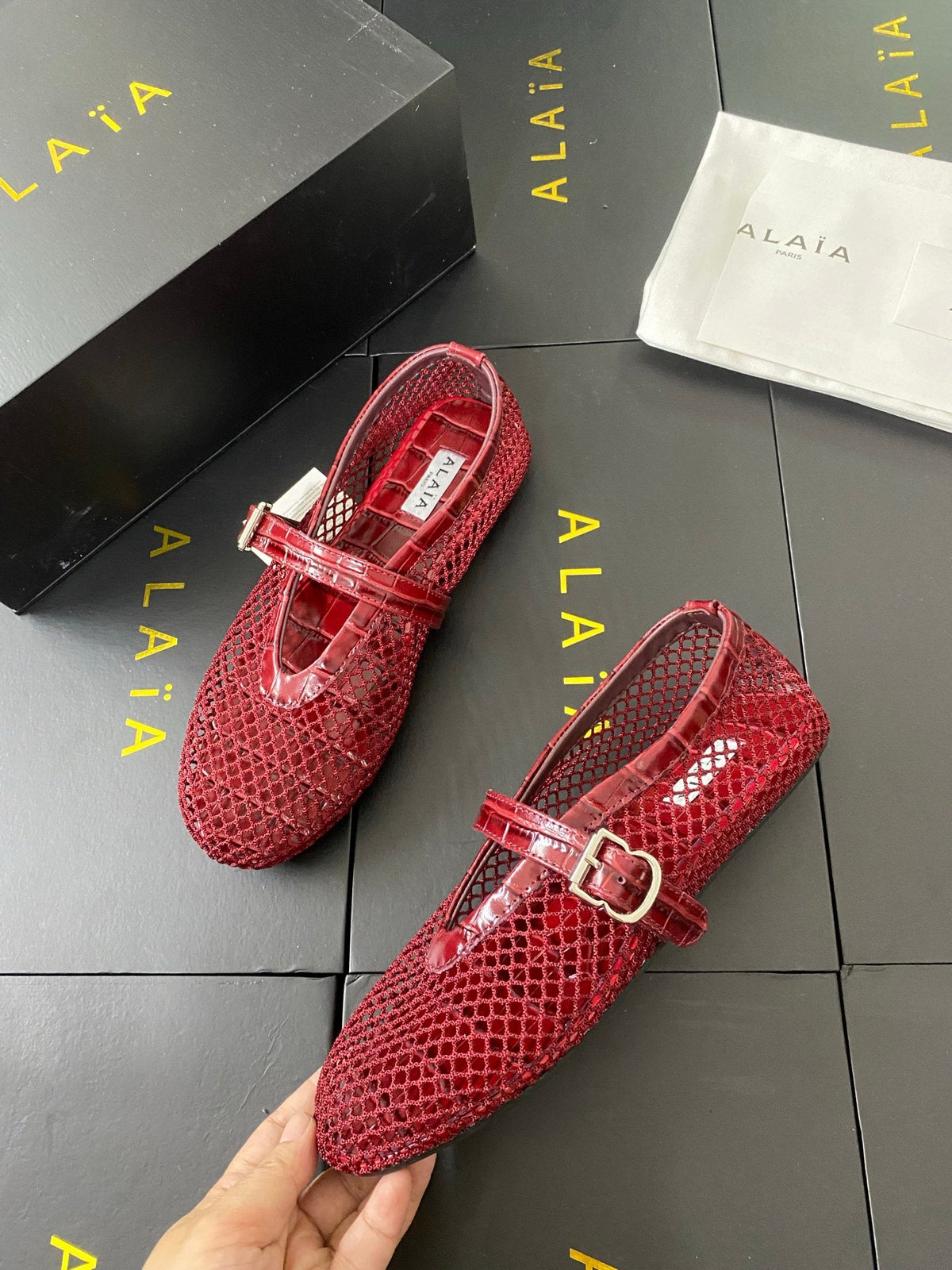 Alaia 26s Mary Jane Red Fishnet Strass Croc-Effect Leather 195002