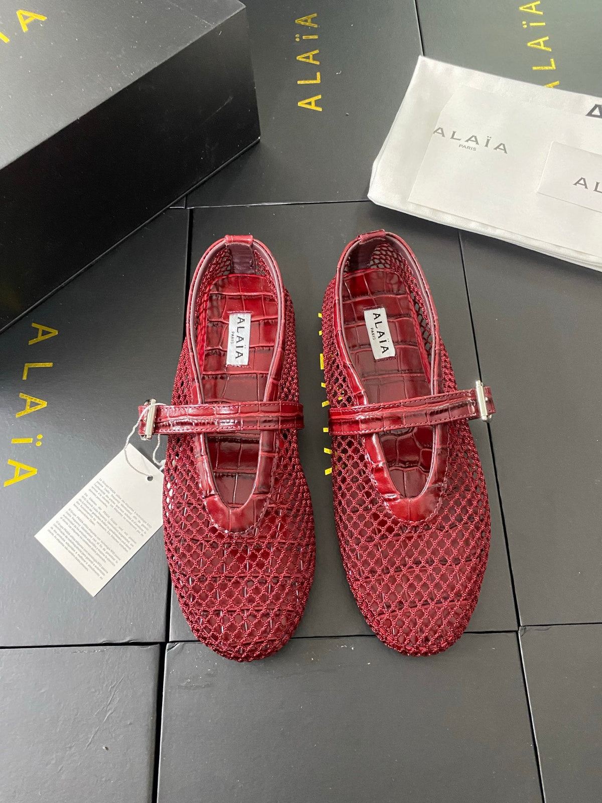 Alaia 26s Mary Jane Red Fishnet Strass Croc-Effect Leather 195002