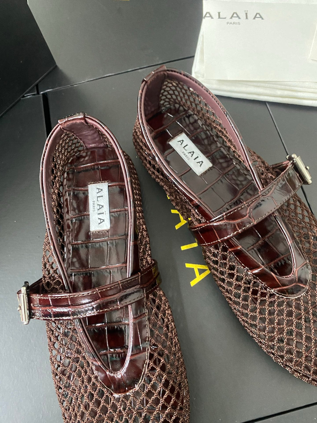 Alaia 26s Mary Jane Burgundy Fishnet Strass Croc-Effect Leather 195003
