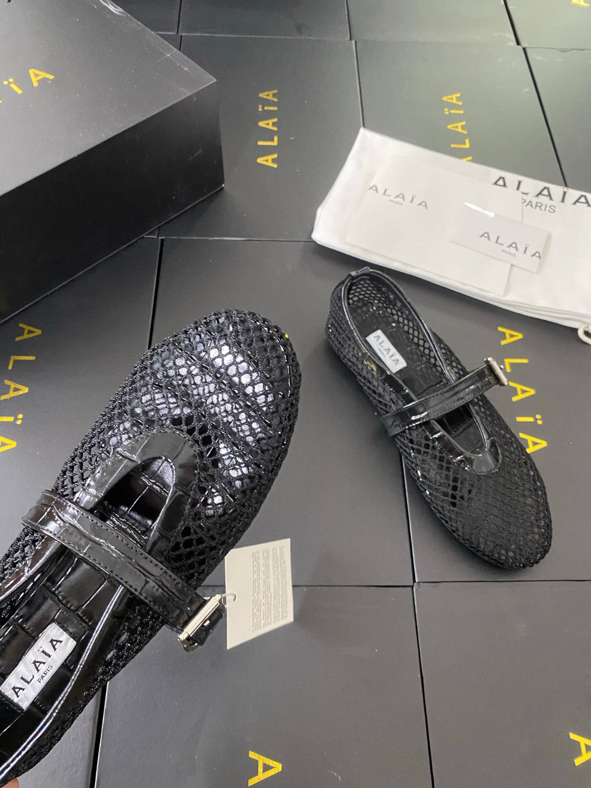Alaia 26s Mary Jane Black Fishnet Strass Croc-Effect Leather 195004