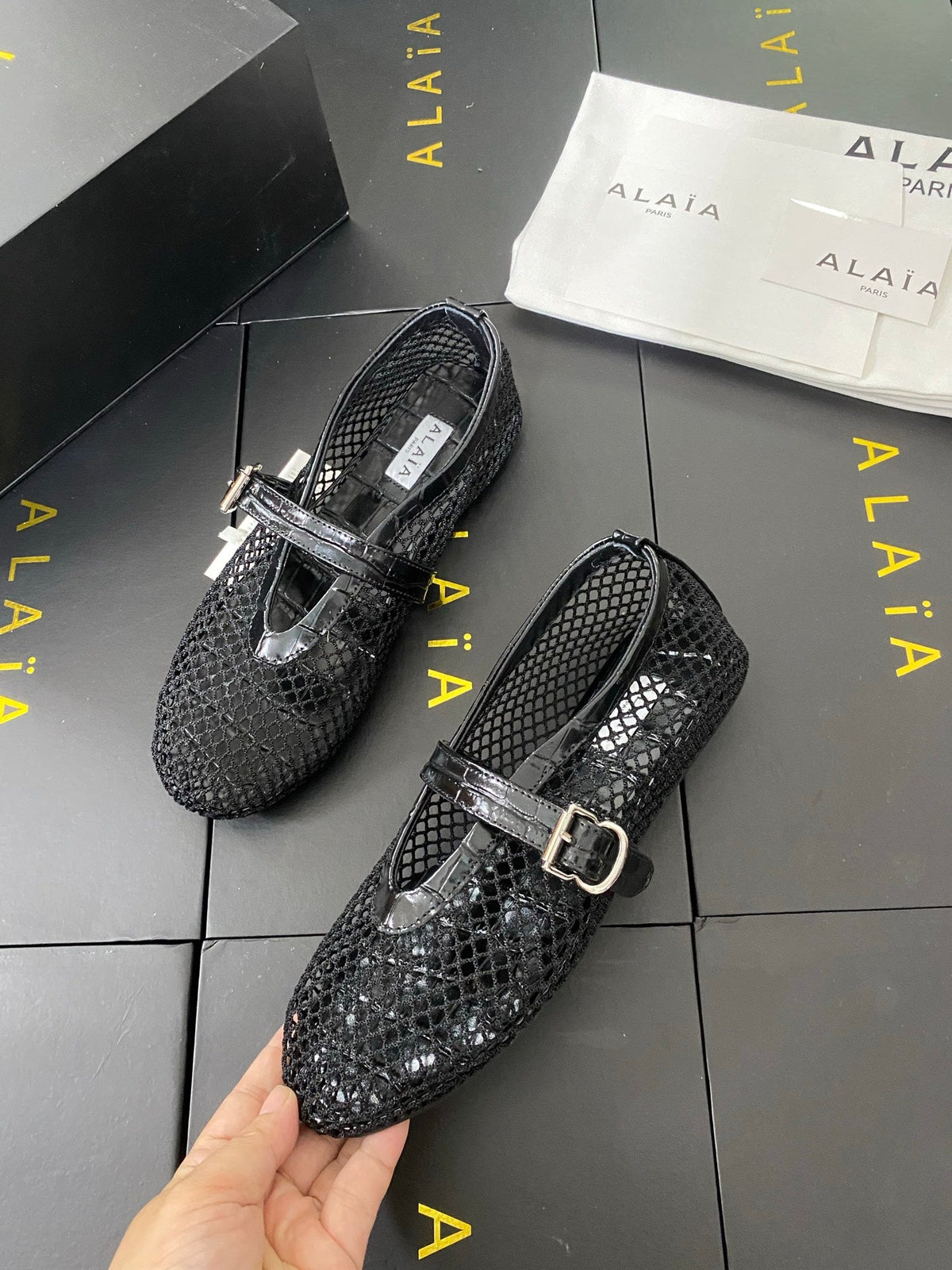 Alaia 26s Mary Jane Black Fishnet Strass Croc-Effect Leather 195004
