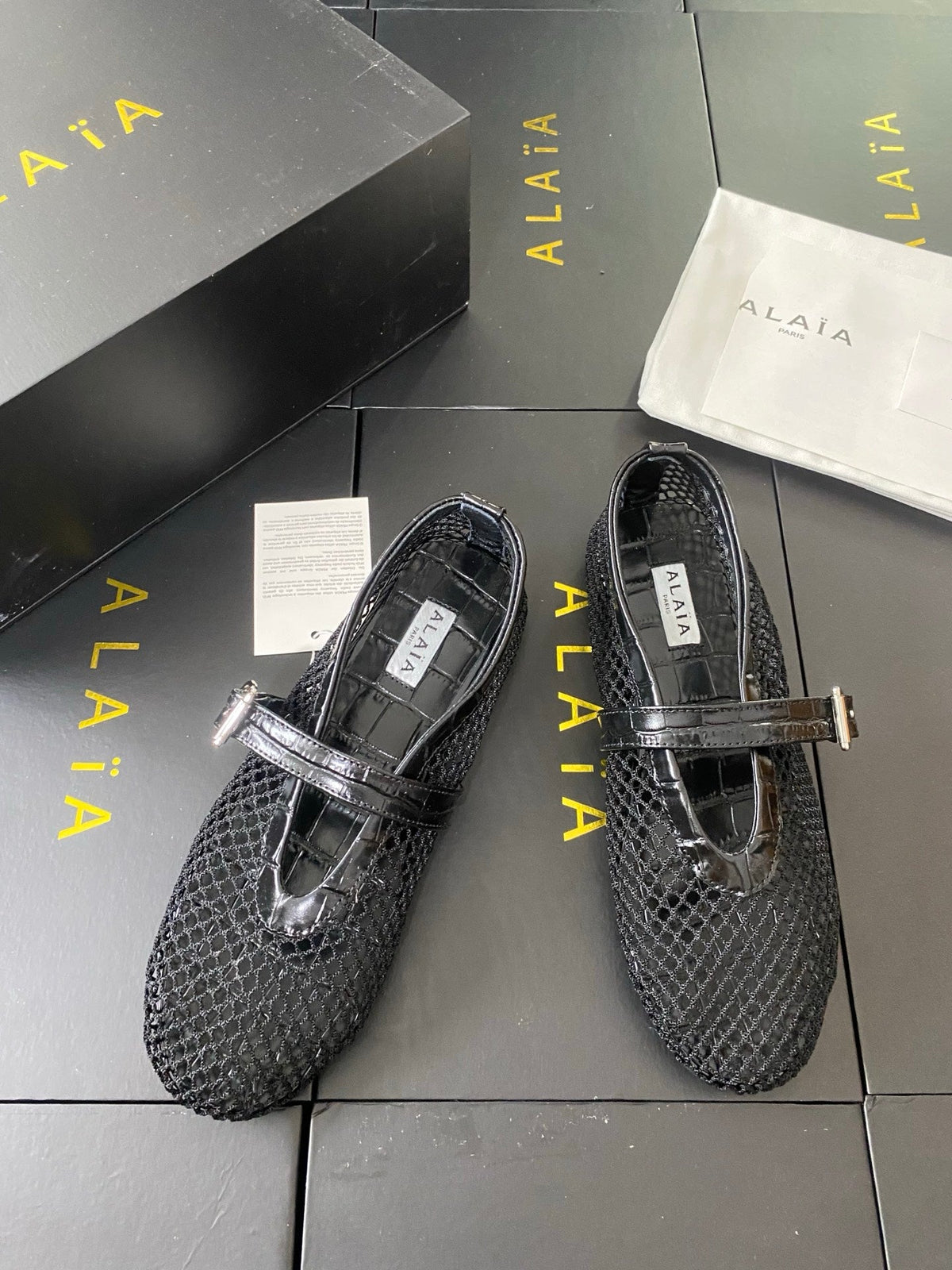 Alaia 26s Mary Jane Black Fishnet Strass Croc-Effect Leather 195004