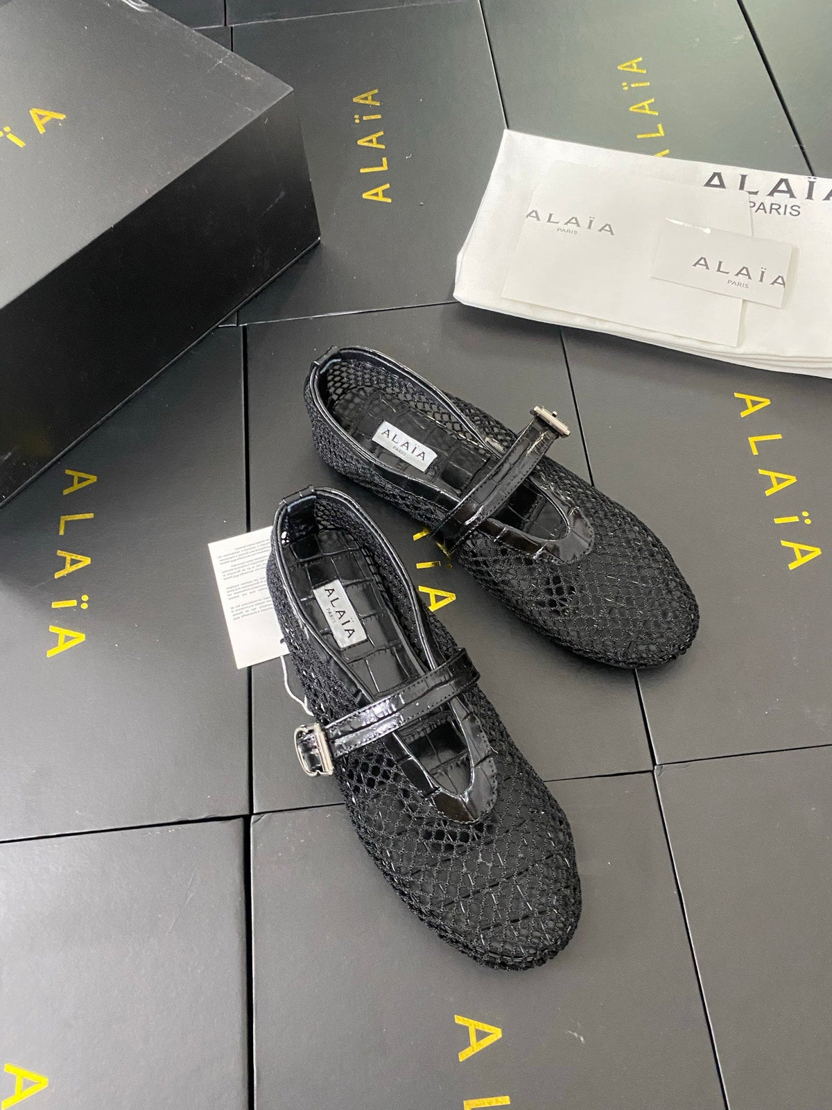 Alaia 26s Mary Jane Black Fishnet Strass Croc-Effect Leather 195004