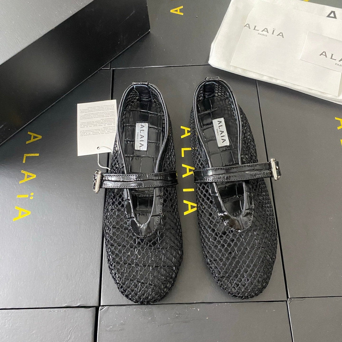 Alaia 26s Mary Jane Black Fishnet Strass Croc-Effect Leather 195004