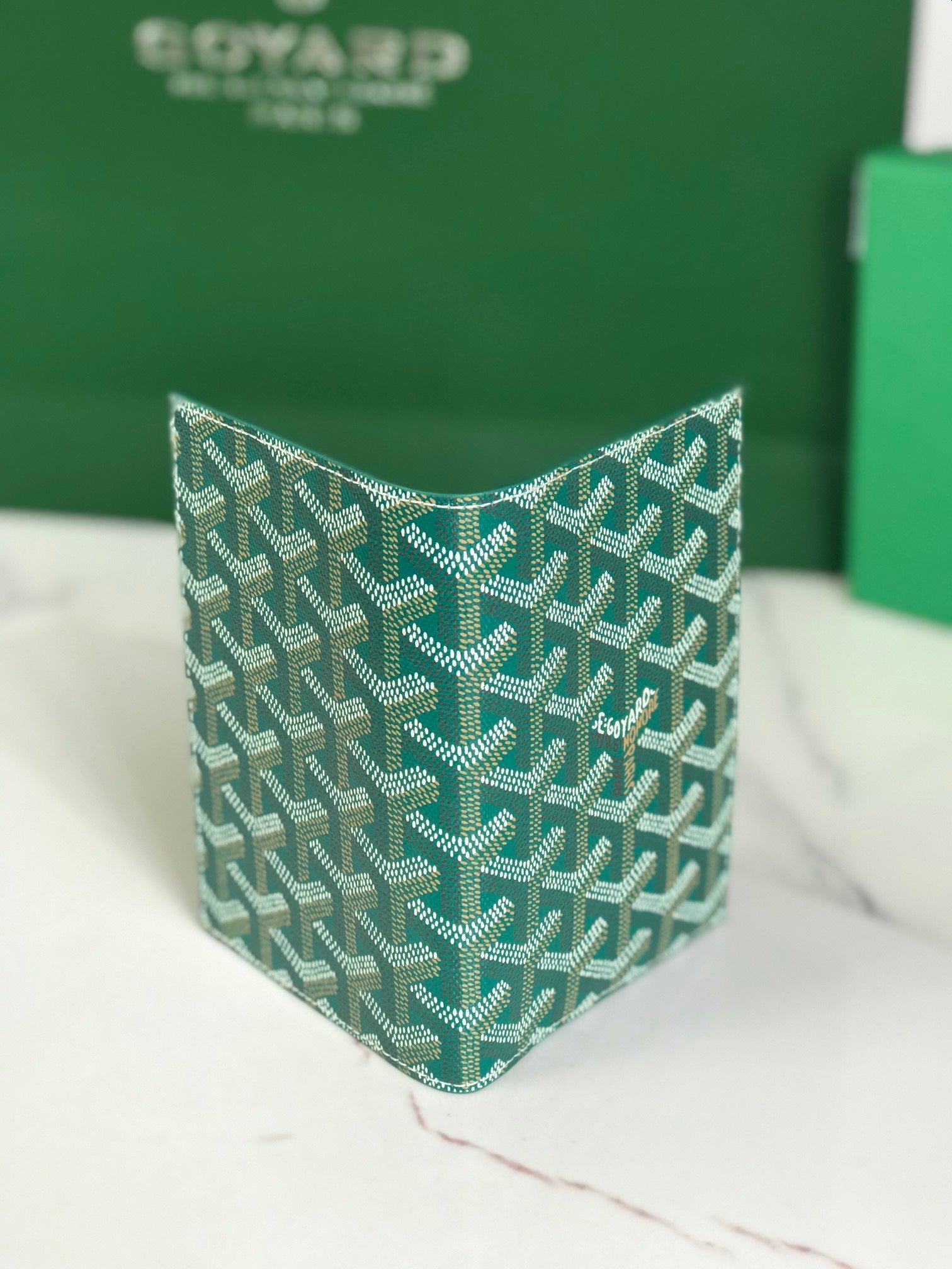 Goyard Grenelle Passport Cover 10cm Green Canvas & Cafskin