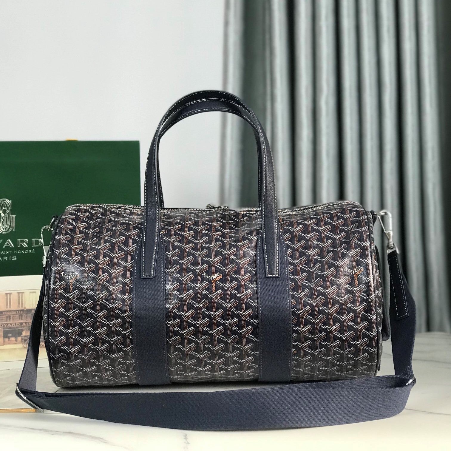 Goyard Barrel 40 Sports Bag Navy Blue Canvas & Calfskin
